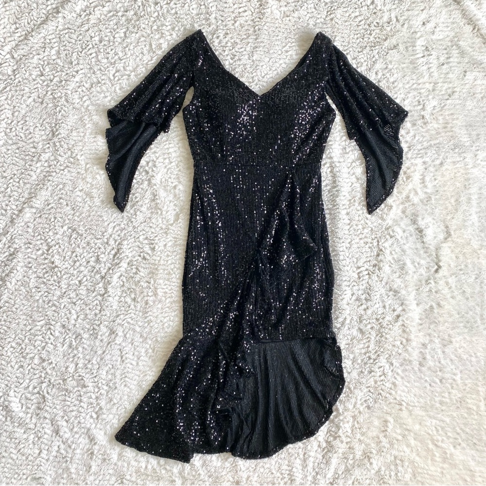 Dalia Macphee Sequin Asymmetrical Ruffle Mini Dress M Witchy Vampire Halloween